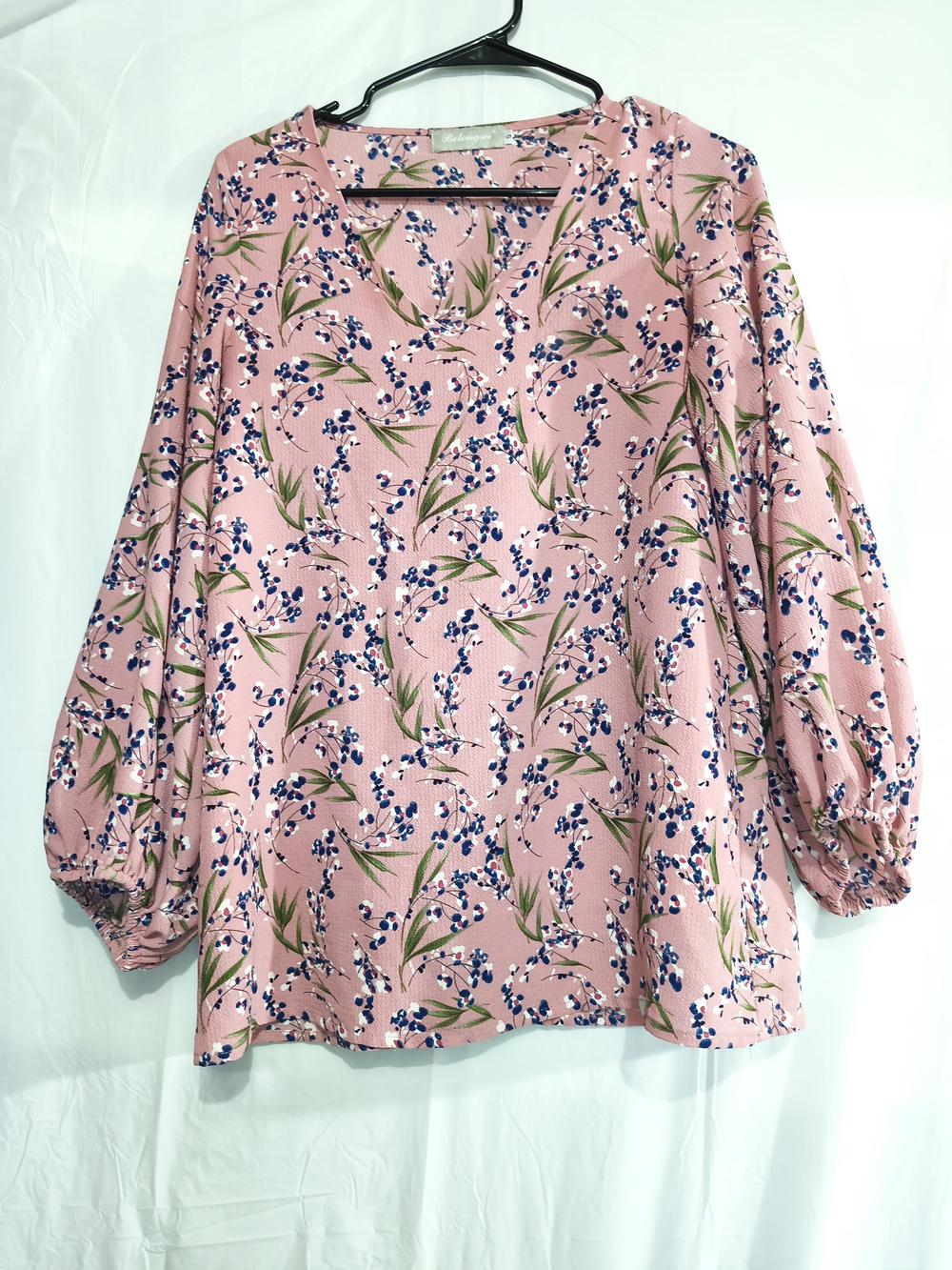 Pink Floral V-Neck Balloon Sleeve Blouse - Unbranded